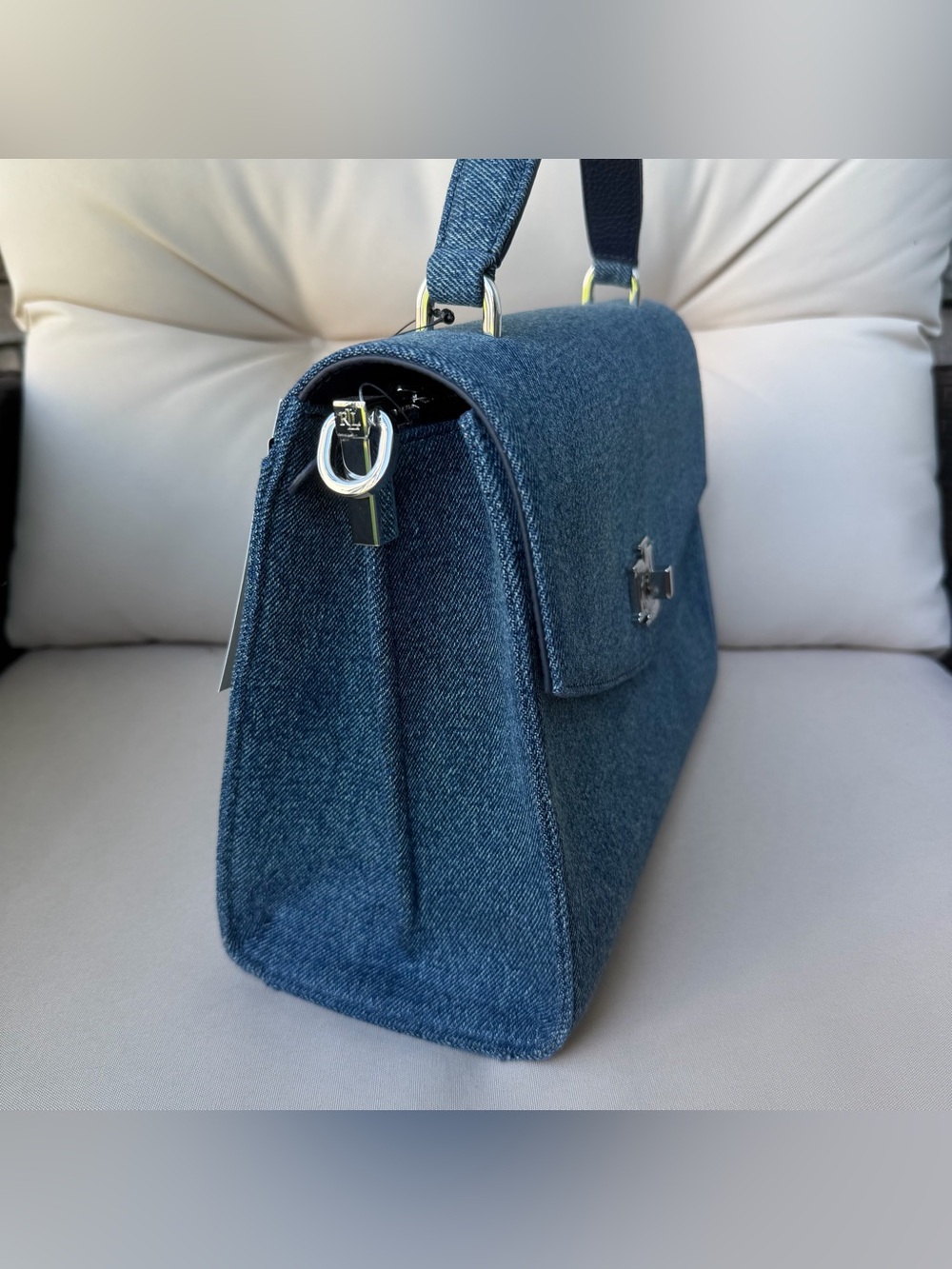 Lauren Ralph Lauren Farrah Washed Denim Indigo Blue Medium Satchel NWT - Picture 3 of 8